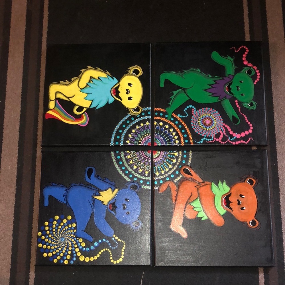 Pointillism Art Panels of the Grateful Dead Bears. All 4 Must be sold together.